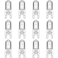 Caldarax komplektā ir 12 halogen G9 25 W cepeškrāsns lampa 230 V, silti balta 2700 K, regulējama, G9 cepeškrāsns lampa, 250 lūmeni, karstumizturīga 300 °C, cepeškrāsnim, mikroviļņu krāsnij, vaska lampai