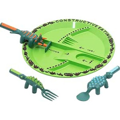 Konstruktīvas ēšanas bērnu trauku komplekts - dinozauru kombinācija, bērnu galda piederumi, izturīgs, drošs trauku mazgājamajā mašīnā, veicina bērnu veselīgus ēšanas paradumus - dāvana izvēlīgiem ēdājiem
