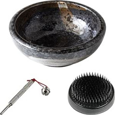 Wazakura Ražots Japānā, Ikebana rīku komplekts iesācējiem Minoyaki Black Flower Vase 61mm Black Kenzan Holder Cleaner (Minoyaki Black Vase, Black Kenzan, Care Tool)