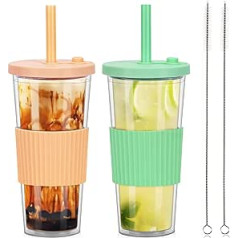 ZgoEC 24 oz Boba krūze ar vāku un salmiņu, burbuļtējas krūze ar salmiņiem, bez BPA, izolētas plastmasas glāzes ar dubultām sienām, 2 dzeramo krūzīšu komplekts ar salmiņiem, atkārtoti lietojama ledus kafijas krūze.