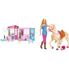 Barbie GWY84 — brīvdienu māja ar lelli, mēbelēm un baseinu, apm. 46 cm augsts, no 3 gadiem FXH13 zirgs ar krēpēm un lelle ar kustīgiem ceļgaliem, lelles rotaļlieta un leļļu piederumi, no 3 gadiem