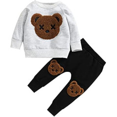 Carolilly 2 Pieces Jaundzimušā Toddler Baby Boy Apģērbu komplekts ar garām piedurknēm Džemperis Hoodie Bear Pulovers Top Elastīgs Viduklis Garās Bikses Bikses ar Kabatu Treniņtērpi Ielu apģērbi Apģērbi, pelēks