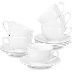 LOVECASA saldais 12-daļīgs porcelāna kafijas komplekts ar apakštasītēm, kapučīno krūzes 6 personām, 230 ml, balta krāsa