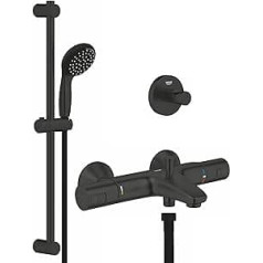 GROHE Start Shower Installation Set (Including Bra Rod Set, Shower Hose, Bath Thermostat, Hand Shower with 2 Jet Types + Bathrobe Hook), Round, Matte Black