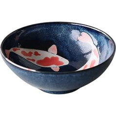 Japāņu Mino-Yaki keramikas Donmantiburi bļoda Īpaši liela Ramen salātiem Ražots Japānā 21,5 cm Lucky Charm Red Carp Pattern Black 8018200