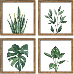 ArtbyHannah 10 Inch 4 Panels Walnut Finish Picture Frame Set for Wall Art Decor with Watercolor Green Leaf Tropical Plant Plants Wall Kit or Home Decoration