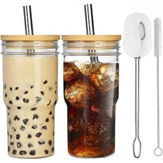 ALINK 2 Pack Glass Cups with Lid and Straw, 22 Oz, Reusable Boba Cup, Bubble Tea Cup, Iced Coffee Cups, Mason Jar, Tumblers, Smoothie Juice Cup Bottle