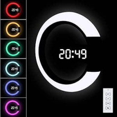 LED Digital Wall Clock with Remote Control, CestMall USB Powered Night Light Wall Clock, 12/24 Hour, Temperature, 3 Brightness, 7-Colour RGB Light, Alarm and Snooze, 12 Inch Mirror High Clock