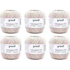 Gründl Crochet Yarn 100 Plain (merserizēta kokvilnas dzija tamborēšanai 100% kokvilna, 100 g/566 m, adatas izmērs: 1,5-2, 6 x 100 g), bēša/pelēka