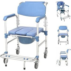 ybaymy tualetes krēsls ar riteņiem, dušas krēsls ar tualeti senioriem, mobilais tualetes ratiņkrēsls ar roku balstu, atzveltni un tualetes spaini līdz 150 kg, dušas krēsls ar riteņiem cilvēkiem ar invaliditāti