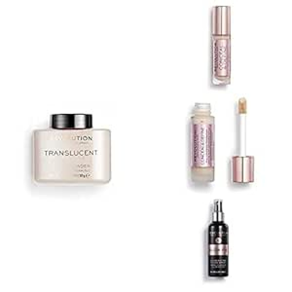 Makeup Revolution , Perfect Base Face Bundle, Conceal & Define C3/F3 korektors un tonālais krēms, caurspīdīgs, vaļīgs cepamais pulveris un mirdzumu fiksējošs aerosols