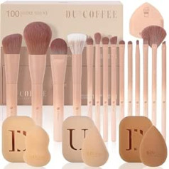 ‎Ducare DUcare make-up Brush 14 gabali no kafijas sērijas ar 3 gabaliņiem grima sūkļiem un turētāju Premium sintētisko otu komplekts grima pamatnes otiņa Acu ēnu otiņa Valentīna dienas dāvana