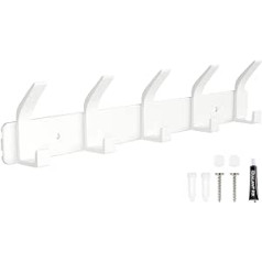 Sarsumir White Coat Hook Rack Coat Hook Wall with 5 Hooks Door Hooks for Bathroom, Kitchen, Living Room and Hallway