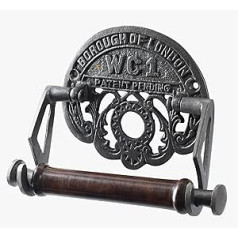 Assorted Collections - Traditional WC1 Borough of London WC1 Cast Iron - Vintage Design - Victorian Wall Mounted Toilet Roll Holder - Paper / Tissue Holder with Hardwood Loop