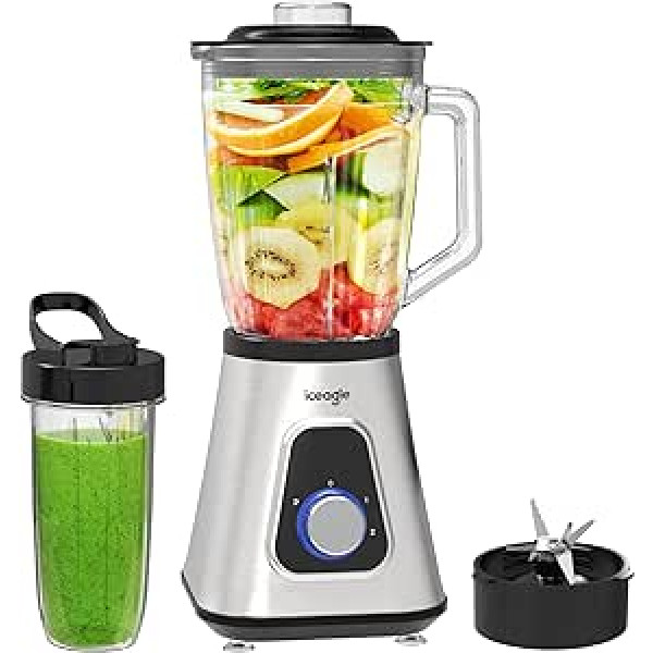 Iceagle Blender Smoothie Maker Blender Electric 1300 W with 2 Levels and Pulse Function, Stainless Steel Blades, 1.5 L Tritan Mixing Container, 0.6 L Mixing Cup, 22000 rpm