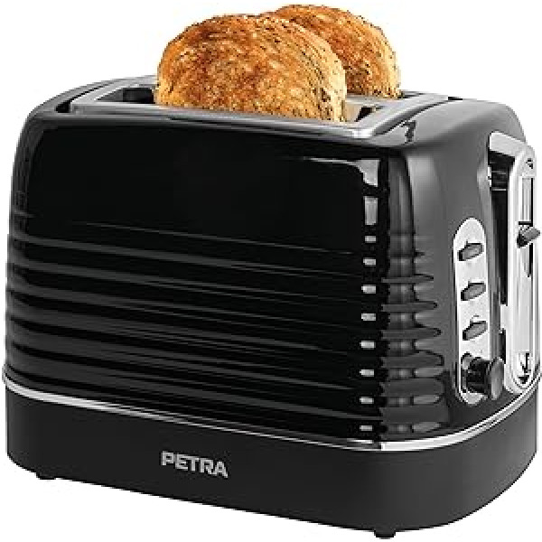 Petra PT5573BLKVDE Toaster – 2 Toastschlitze mit integrierter Brötchen-Warmhalterung für Gebäck, 6 variable Bräunungsstufen, Auftauen/Aufwärm/Stopp-Funktionen, herausnehmbare Krümelschublade, 1050 W