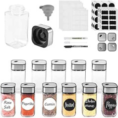 MRVNN 12 Square Spice Jars, 120 ml Stainless Steel Glass Spice Jars Set with Twist Lid, Strong Seal, Spice Organiser Including Funnel, Label and Pen
