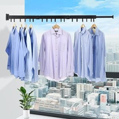 120 cm Extendable Wall Mounted Clothes Airer Space Saving Clothes Airer Black Foldable with 18 Hooks Clothes Dryer Wall for Wall Mounting, Towel Holder for Balcony, Bedroom