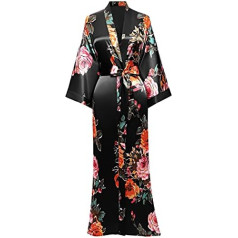 BABEYOND Women's Dressing Gown Maxi Long Satin Summer Kimono Floral Pattern Printed Bathrobe Kimono Cardigan Women's Long Robe Flowers Sleeping Gown Girl Pyjama Party
