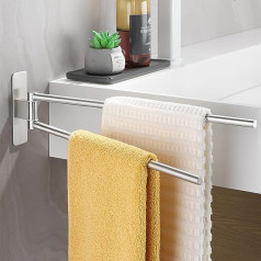 ALOCEO Towel Rail, No Drilling, Double Towel Holder, Swivelling Towel Rail, Self-Adhesive Bath Towel Holder, Wall for Bathroom, Kitchen, Silver, 40 cm