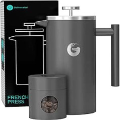 Coffee Gator French Press / Coffee Maker / Tea Maker 1 Litre Double Walled French Press to Keep Coffee Warm for Longer, Coffee Pot in Matt Grey With Mini Coffee Tin, grey