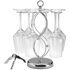 CXRYLZ-FUR Wine Glass Holder, Worktop Wine Rack with Corkscrew for Hanging, 6 Hooks, Wine Glass Holder, Hanging Wine Glass Holder, Silver with 1 x Wine Opener for Bar, Home, Kitchenware