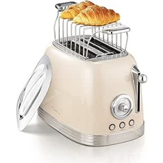 Wiltal Toaster 2 Slices, Retro Toaster with Bun Attachment, Toaster with Stainless Steel Lid, Preheating, Defrost and Cancel Function, Countdown Timer Display, Quick Toaster (Cream White)