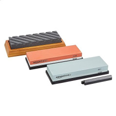 Amazon Basics - Whetstone set for knife sharpening with water, two double-sided whetstones with 400/1000 and 3000/8000 grit, correction stone and non-slip bamboo base