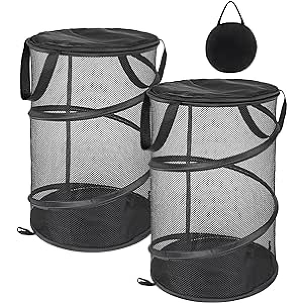 Pop Up Laundry Baskets, Foldable Mesh Laundry Baskets for Laundry, Collapsible Laundry Baskets with Zipper, Small Laundry Basket for Clothes, Toys, Camping, Travel, Dorm Room (2 Pack, Black)