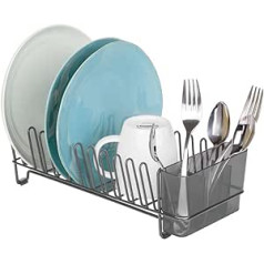 mDesign Metal Dish Drainer - Dish Drainer for Kitchen Counter, Worktop or Sink - with 3 Piece Plastic Cutlery Holder, Grey/Smoke Grey