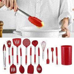 14 Pieces Red Silicone Kitchenware Kit Non-Stick Cooking Utensils with Storage Box Silicone Spatula Shovel Set with Stainless Steel Handle for Kitchen House