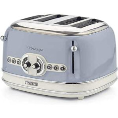 Ariete Vintage 156, 4-Scheiben-Toaster, Retro Toaster mit 6 Toaststufen, Automatischer Auswurf, Auftaufunktion, Herausnehmbares Krümelfach, Gehäuse aus Edelstahl, 1600W, Blau