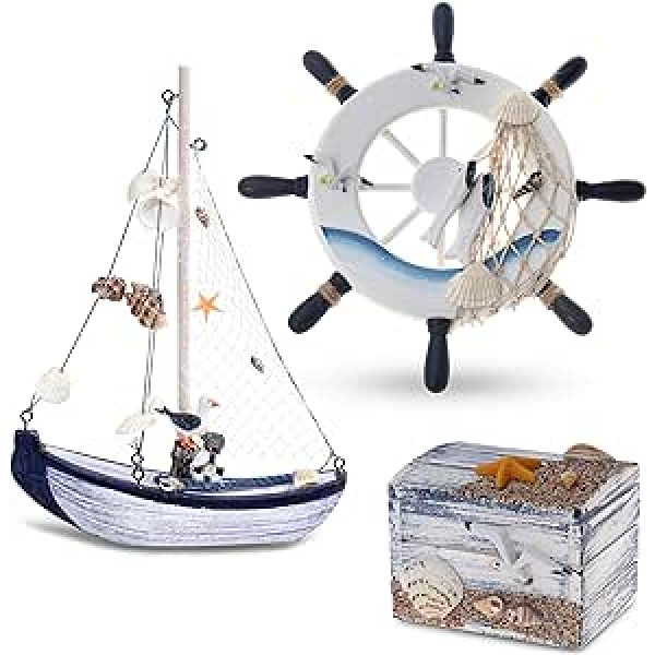 Flanacom Maritime Bathroom Decoration Set of 3 - Control Wheel, Sailing Ship and Treasure Chest Made of Wood - Lovingly Designed Bathroom Accessories with Details (Design 2-1)