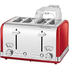 ProfiCook® XXL Toaster in Stylish Vintage Design | Toaster 4 Slices with Wide Slot (Extra Wide Toast Slots) and Solid Metal Housing | Retro Toaster with Bun Attachment | PC TA 1194 Red