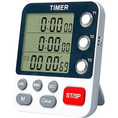 Digital Timer Kitchen Timer, 3 Channels Count Up/Down Timer, 3-Level Volume Adjustable Cooking Timer Stopwatch Alarm with LCD Display for Learning, Cooking, Meeting Class