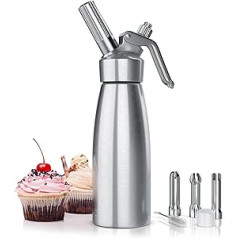 Arendo stainless steel cream dispenser 500 ml, cream syphon aluminium, 3 stainless steel nozzles, gas capsule holder, cartridge holder for n20 gas cartridges, whipped cream and desserts.