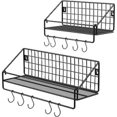 Songmics industriālā dizaina sienas plaukti Metāla plaukti katrā plauktā Ietilpst 15 kg 2 gab. Virtuves plaukti ar 10 āķiem guļamistabai vai viesistabai, melni LFS02BK