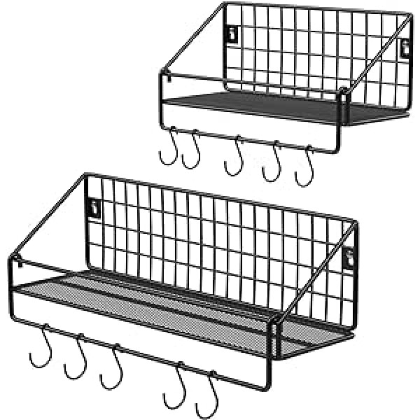 Songmics industriālā dizaina sienas plaukti Metāla plaukti katrā plauktā Ietilpst 15 kg 2 gab. Virtuves plaukti ar 10 āķiem guļamistabai vai viesistabai, melni LFS02BK