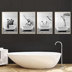 UGZDEA dzīvnieks vannā audekla attēli, melnbalts augstienes govs zilonis vannas istabas plakāts Moderns dekors bez rāmja (bez ierāmēta — 3, 4 x 30 x 40 cm)