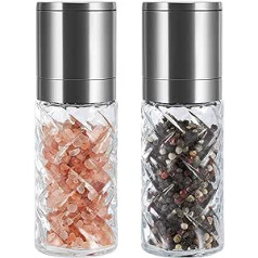 2 Pack Crystal Glass Salt and Pepper Mill Large Mill Refillable Premium Glass Brushed Stainless Steel Adjustable Coarseness Ceramic Clear Spice Shaker Kitchen Gifts