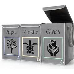 Shiva Green Gauze Separation System Triple - Waste Glass Collection Container - Recycling System - Empty Collection Container - Waste Paper Collector - Made of Plastic and Glass with Lid