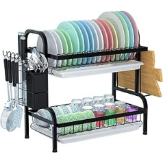 Astoryou Dish Dryer, 2 Tier Dish Rack, Kitchen Bowl Shelves, Stainless Steel, Standing Draining Board Organiser, Dishwasher Washing, Space Saver, Storage Counter Display