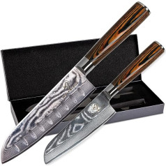 Wolfblood Damascus nažu komplekts no 2 (30 cm un 24 cm) profesionālajiem damaskas virtuves nažiem, kas izgatavoti no 67 slāņiem Damaskas tērauda un VG10 Santoku nažu asmeņu komplekts ar koka roktura dāvanu kastīti un asmens aizsargu