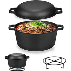 Velaze Cast Iron Pot with Lid, Dutch Oven, Burnt Casserole with Saucer, Double Function Lid & Frying Pan for Roasting, Cooking, Camping and Garden, Cast Iron Pot