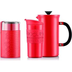 Bodum Set K11352-04EURO Cafetiere-Coffee Maker 8 Cups / 1.0 L Travel Mug and Coffee Grinder Red