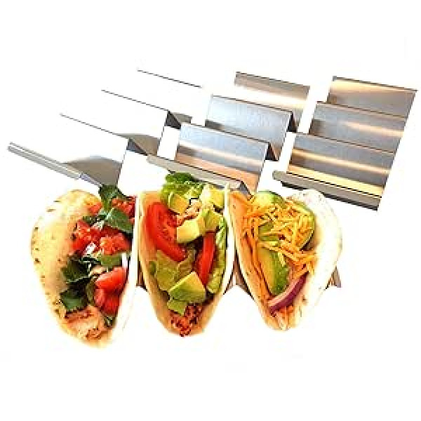 Taco turētājs - Taco turētājs nerūsējošais tērauds ar recepšu idejām - Taco statīvs - Taco statīvs - var turēt 3 tacos - trauku mazgājamā mašīna, cepeškrāsns un grila seifs (4 iepakojumi ar rokturiem)