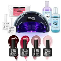 Mylee Professional gēla nagu lakas un LED lampu komplekts 4x MYGEL krāsas, virsējais un pamatnes pārklājums, Mylee PRO salonu sērijas Convex Curing® LED lampa, sagatavošana un noslaucīšana, želejas noņemšanas līdzeklis un daudz kas cits.