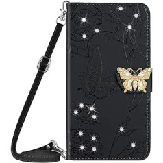 Vqwq mobilā tālruņa vāciņš Xiaomi Redmi Note 11-1,5 M Lanyard Glitter Butterfly aizsargvāciņš Xiaomi Redmi Note 12S 4G / Redmi Note 11 ādas futrālim kartes slots Flip Flip Case Magnet [HT03]-Black 1