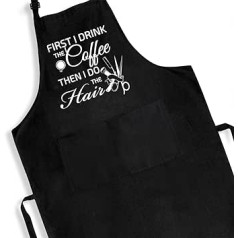 Aakihi Funny Stylist Apron for Men and Women with Pockets - Cute Hair Stylist Apron Waterproof - Hair Stylist Gifts for Salon, Hairdresser, Best Friends - First I Drink the Coffee