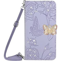 Vqwq Mobile Phone Case for Oppo Realme 11 Pro 5G - 1.5M Lanyard Glitter Butterfly Protective Case for Oppo Realme 11 Pro 5G / Realme 11 Pro+ 5G Leather Case Card Slot Flip Case Magnet [HT03]-Purple 2